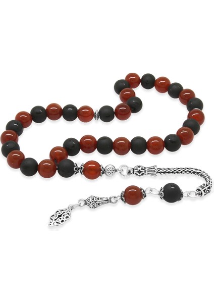 925 Ayar Gümüş Püskül Küre Kesim Kırmızı Siyah Akik Oniks Doğaltaş Taraftar Tesbih