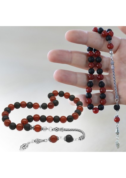 925 Ayar Gümüş Püskül Küre Kesim Kırmızı Siyah Akik Oniks Doğaltaş Taraftar Tesbih fiyatları