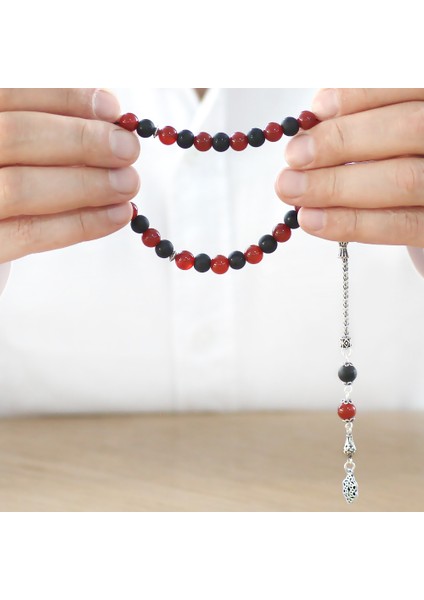 925 Ayar Gümüş Püskül Küre Kesim Kırmızı Siyah Akik Oniks Doğaltaş Taraftar Tesbih modelleri