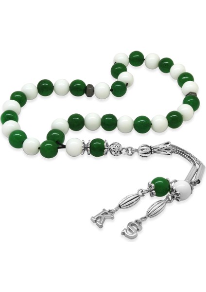 Kararmaz Metal Isme Özel Harf Püsküllü Küre Kesim Yeşil Beyaz Jade Doğaltaş Taraftar Tesbih