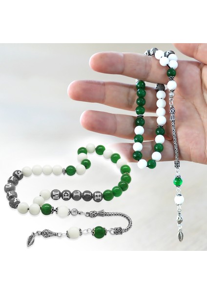 925 Ayar Gümüş Püsküllü Küre Kesim Isme Özel Yazılı Yeşil Beyaz Jade Doğaltaş Taraftar Tesbih fiyatları