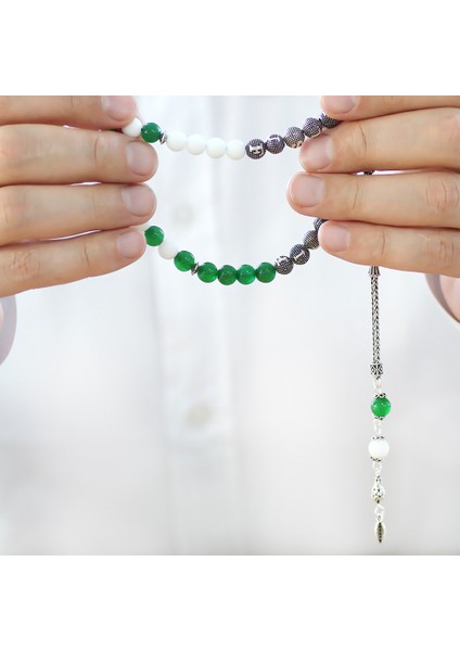 925 Ayar Gümüş Püsküllü Küre Kesim Isme Özel Yazılı Yeşil Beyaz Jade Doğaltaş Taraftar Tesbih modelleri