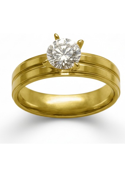 Altın Renk Zirkon Taşlı V Tasarım 316L Kalite Paslanmaz Çelik Kadın Tektaş Yüzük - 21 Ölçü