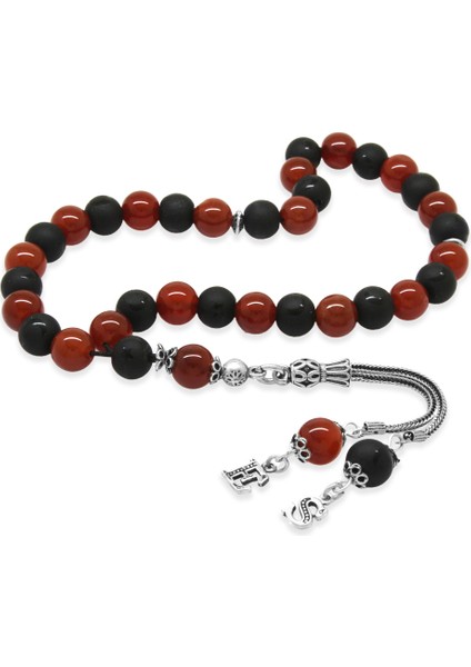 925 Ayar Gümüş Isme Özel Harf Püsküllü Küre Kesim Kırmızı Siyah Oniks Akik Doğaltaş Taraftar Tesbih