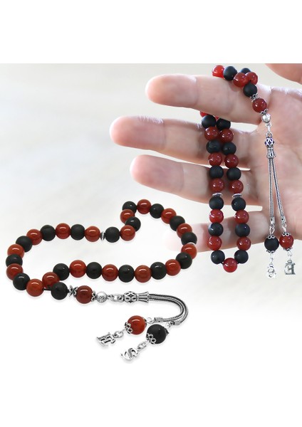 925 Ayar Gümüş Isme Özel Harf Püsküllü Küre Kesim Kırmızı Siyah Oniks Akik Doğaltaş Taraftar Tesbih fiyatları