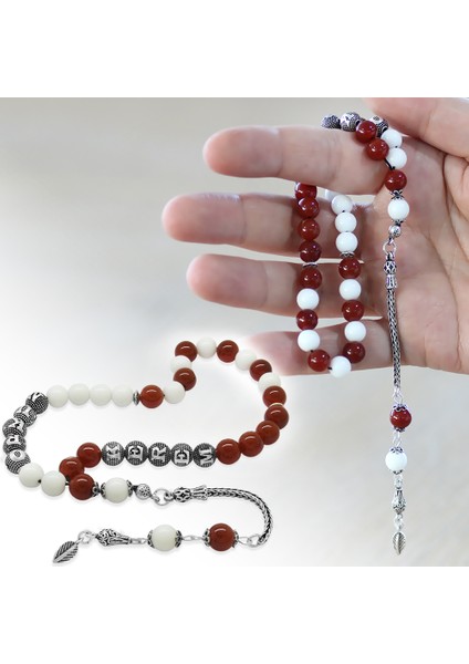 925 Ayar Gümüş Püsküllü Küre Kesim Isme Özel Yazılı Kırmızı Beyaz Jade Akik Doğaltaş Taraftar Tesbih fiyatları