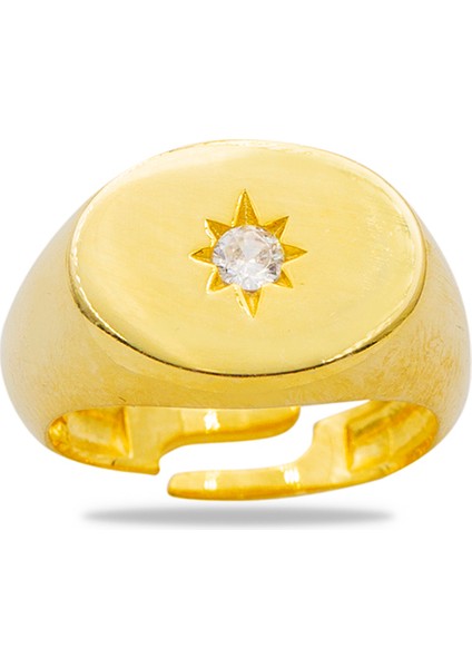Beyaz Zirkon Taşlı Yıldız Detaylı Altın Renk Ayarlanabilir Ölçü 925 Ayar Gümüş Kadın Tektaş Yüzük