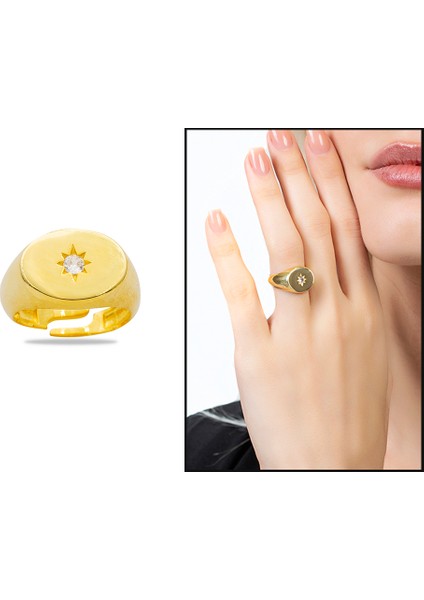 Beyaz Zirkon Taşlı Yıldız Detaylı Altın Renk Ayarlanabilir Ölçü 925 Ayar Gümüş Kadın Tektaş Yüzük fiyatları
