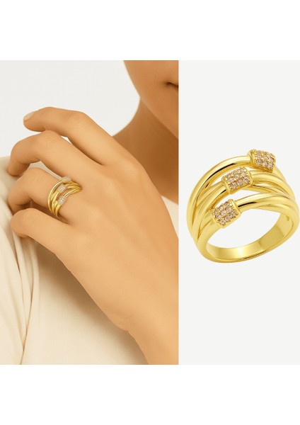 Kadın Xuping Çelik Yüzük - 3 Lü Tasarım - Sıralı Beyaz Zirkon Taşlı - Altın Renk - 16 Ölçü fiyatları
