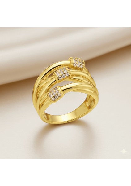 Kadın Xuping Çelik Yüzük - 3 Lü Tasarım - Sıralı Beyaz Zirkon Taşlı - Altın Renk - 16 Ölçü fırsatları