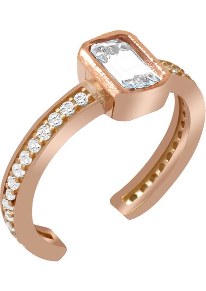 Baget Kesim Beyaz Zirkon Taşlı Rose Renk Ayarlanabilir Ölçü 925 Ayar Gümüş Kadın Tektaş Yüzük