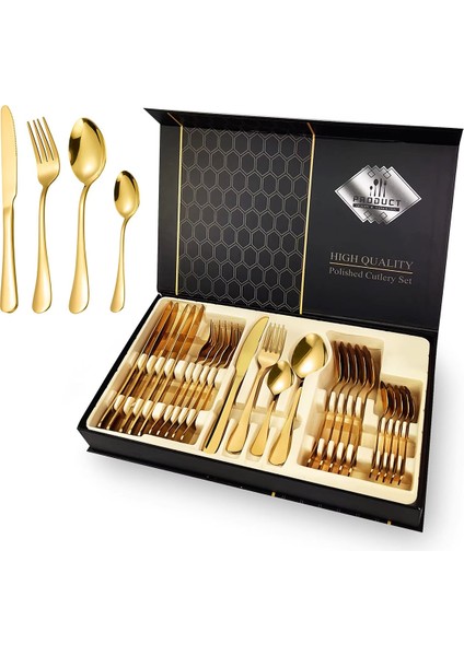Premium 304 Paslanmaz Çelik 24 Parça Çatal Kaşık Bıçak Takımı – 6 Kişilik Sofra Seti Gold Rengi