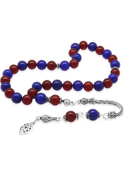 925 Ayar Gümüş Foxtail Zincir Püsküllü Küre Kesim Bordo Mavi Jade Doğaltaş Taraftar Tesbih