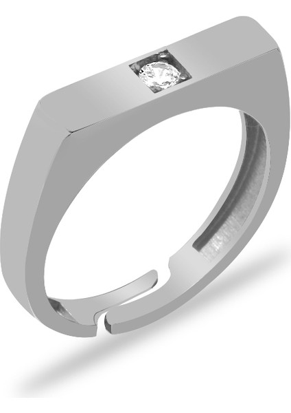 Beyaz Zirkon Taşlı Modern Tasarım Gümüş Renk Ayarlanabilir Ölçü 925 Ayar Gümüş Kadın Tektaş Yüzük