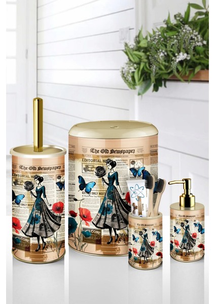 4 Parça Metal Banyo Seti – Vintage Gazete Desenli – Click Kapaklı Şık Tasarım