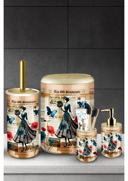 4 Parça Metal Banyo Seti – Vintage Gazete Desenli – Click Kapaklı Şık Tasarım fiyatları
