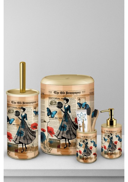 4 Parça Metal Banyo Seti – Vintage Gazete Desenli – Click Kapaklı Şık Tasarım modelleri