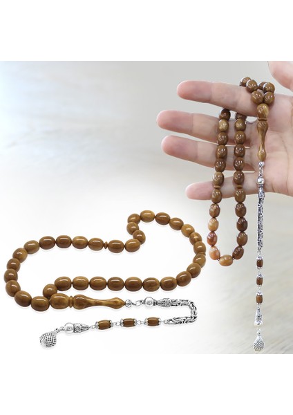 925 Ayar Gümüş Kral Püsküllü Kum Saati Imame Tasarım Tombul Kapsül Kesim Kahverengi Kuka Tesbih fiyatları