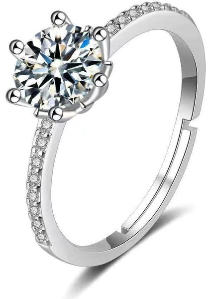 Beyaz Zirkon Taşlı Gümüş Renk Ayarlanabilir Ölçü Metal Kadın Tektaş Yüzük