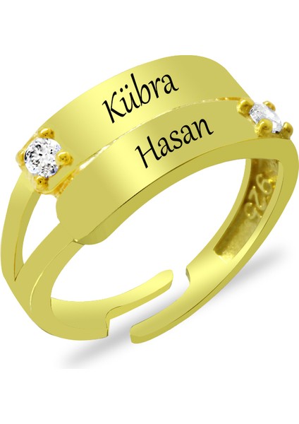 Zirkon Taşlı Altın Renk Ölçü Ayarlı Çift Sıra Isme Özel Harf Yazılı 925 Ayar Gümüş Kadın Yüzük