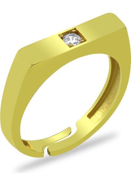 Beyaz Zirkon Taşlı Modern Tasarım Altın Renk Ayarlanabilir Ölçü 925 Ayar Gümüş Kadın Tektaş Yüzük