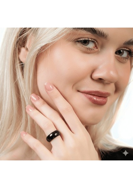 Metalik Gri Renkli Hematit Doğaltaş Kadın Yüzük 14 Ölçü modelleri