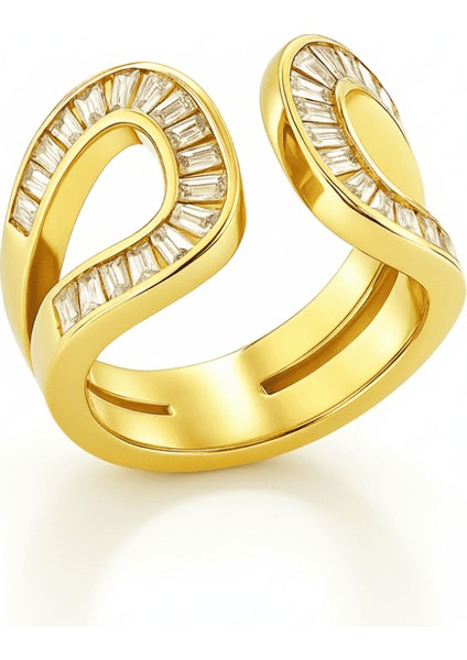 Kadın Xuping Çelik Yüzük - Baget Kesim Beyaz Zirkon Taşlı - Altın Renk - Ayarlanabilir Ölçü