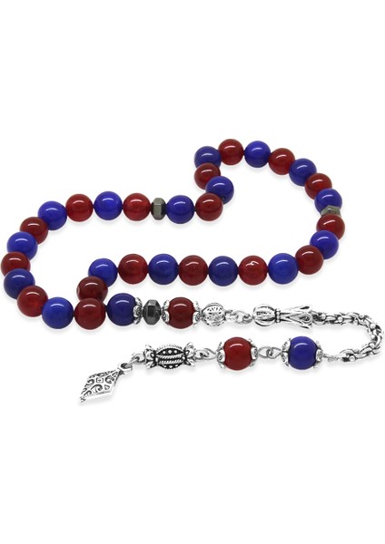 Kararmaz Metal Arnavut Zincir Püsküllü Küre Kesim Bordo Mavi Jade Doğaltaş Taraftar Tesbih M1