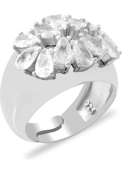 Damla Kesim Beyaz Zirkon Taşlı Gümüş Renk Ayarlanabilir Ölçü 925 Ayar Gümüş Kadın Yüzük