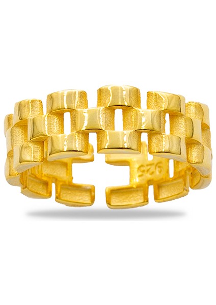 Zincir Tasarım Altın Renk Ayarlanabilir Ölçü 925 Ayar Gümüş Kadın Yüzük