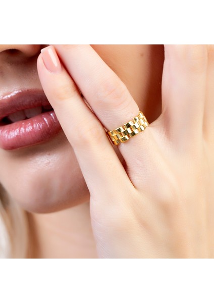 Zincir Tasarım Altın Renk Ayarlanabilir Ölçü 925 Ayar Gümüş Kadın Yüzük fırsatları