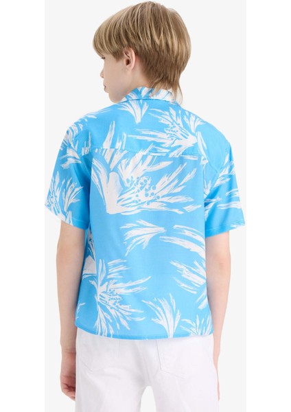 Erkek Çocuk Oversize Geniş Kalıp Polo Yaka Desenli Viskon Kısa Kollu Gömlek