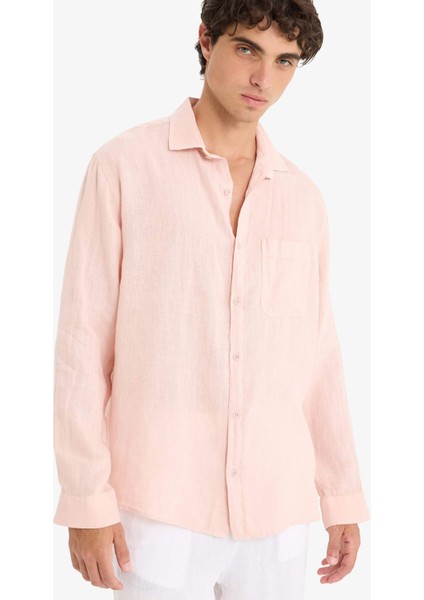 %100 Keten Relax Fit Uzun Kollu Gömlek F4598AX25HS