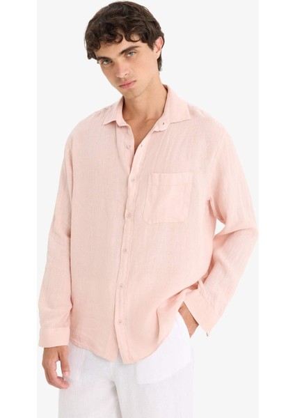 %100 Keten Relax Fit Uzun Kollu Gömlek F4598AX25HS