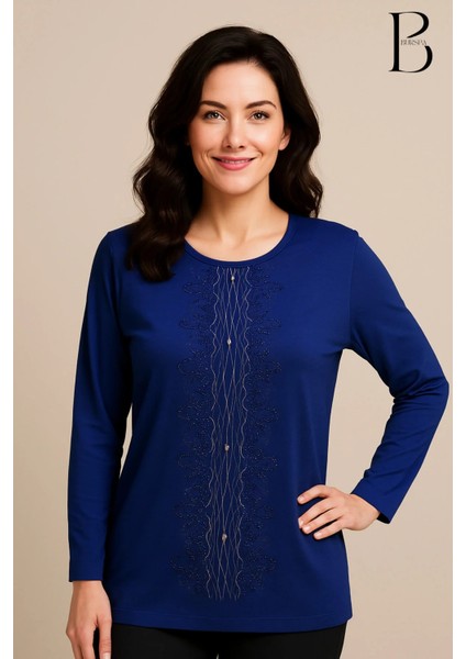 Rahat Kesim Önü Su Yolu Taş Işlemeli Anne Kadın Penye Bluz