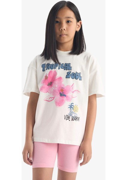 Kız Çocuk 2'li Takım Baskılı Kısa Kollu Tişört Biker Tayt E4757A825SM