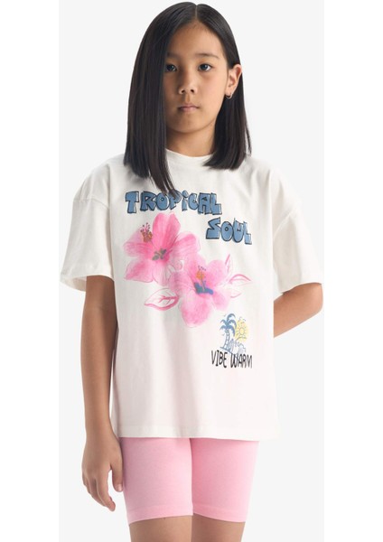 Kız Çocuk 2'li Takım Baskılı Kısa Kollu Tişört Biker Tayt E4757A825SM