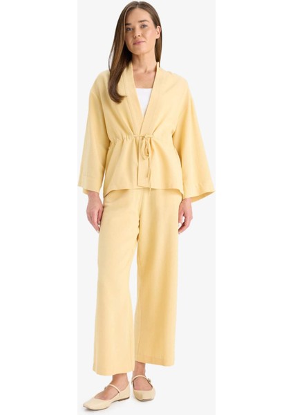 Beli Lastikli Bağcıklı Düz Paça Keten Karışımlı Kapri E6109AX25HS