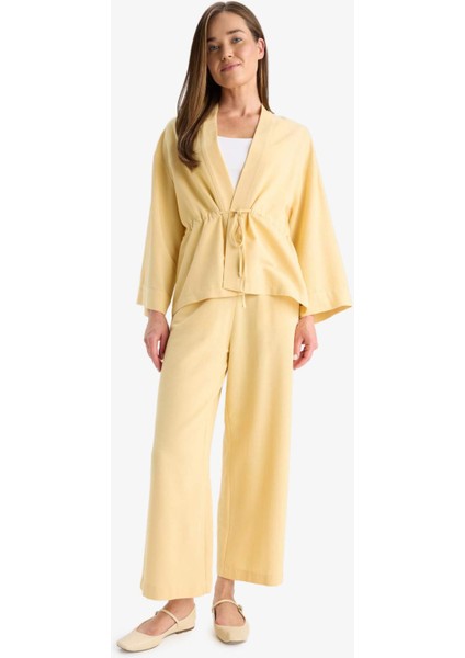 Beli Lastikli Bağcıklı Düz Paça Keten Karışımlı Kapri E6109AX25HS