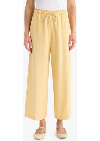 Beli Lastikli Bağcıklı Düz Paça Keten Karışımlı Kapri E6109AX25HS