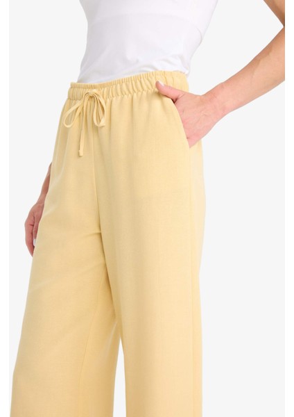 Beli Lastikli Bağcıklı Düz Paça Keten Karışımlı Kapri E6109AX25HS