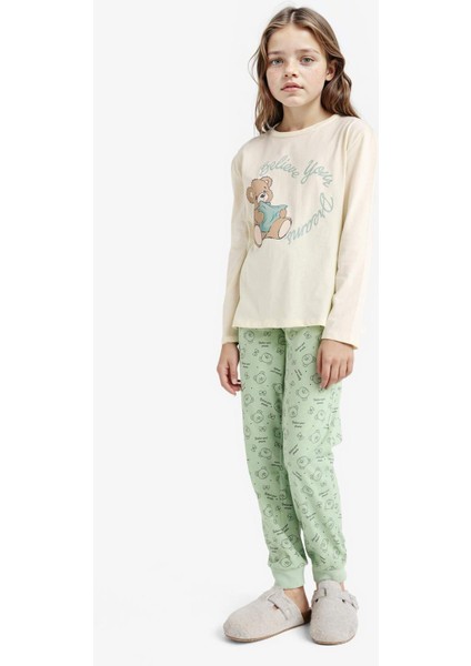 Kız Çocuk Pijama Takımı Baskılı Uzun Kollu Üst Desenli Uzun Alt