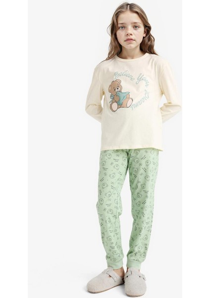 Kız Çocuk Pijama Takımı Baskılı Uzun Kollu Üst Desenli Uzun Alt