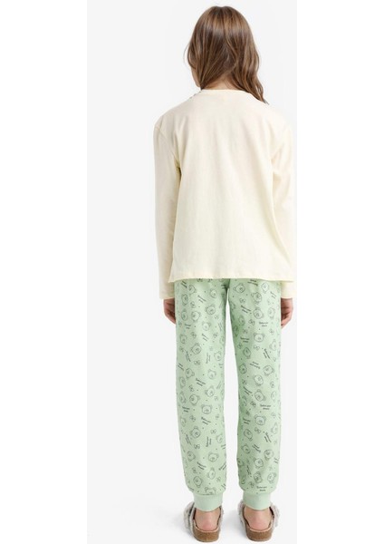 Kız Çocuk Pijama Takımı Baskılı Uzun Kollu Üst Desenli Uzun Alt