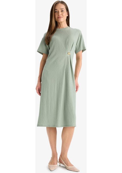 Regular Fit Bisiklet Yaka Basic Düz Bürümcük Kısa Kollu Midi Yazlık Elbise