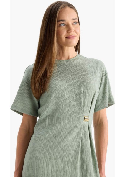 Regular Fit Bisiklet Yaka Basic Düz Bürümcük Kısa Kollu Midi Yazlık Elbise