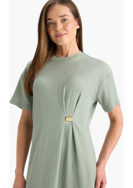 Regular Fit Bisiklet Yaka Basic Düz Bürümcük Kısa Kollu Midi Yazlık Elbise