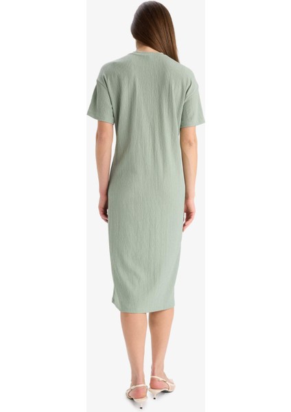 Regular Fit Bisiklet Yaka Basic Düz Bürümcük Kısa Kollu Midi Yazlık Elbise
