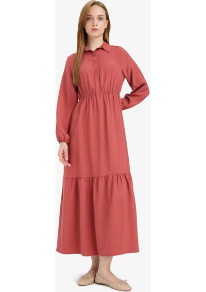 Gömlek Yaka Basic Düz Düğmeli Beli Büzgülü Uzun Kollu Maxi Elbise