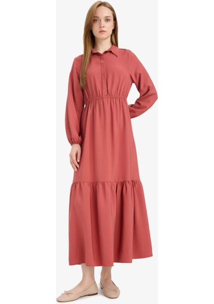 Gömlek Yaka Basic Düz Düğmeli Beli Büzgülü Uzun Kollu Maxi Elbise